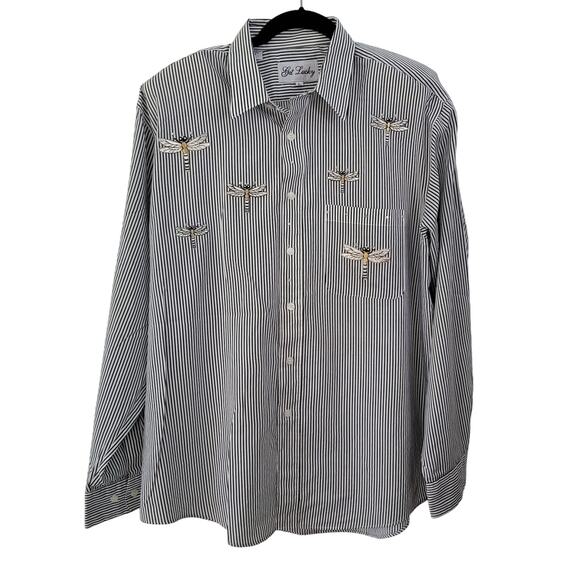 Get Lucky Size L Sequined Dragonfly Striped Button Up Shirt Mature Nature - Picture 1 of 9